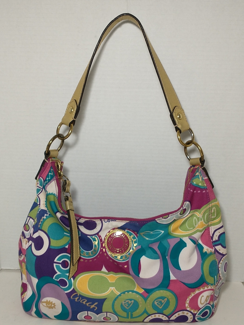 Y2K Coach Poppy Multicolor Graffiti Signature Hobo, Satchel, Pink/White, Retro